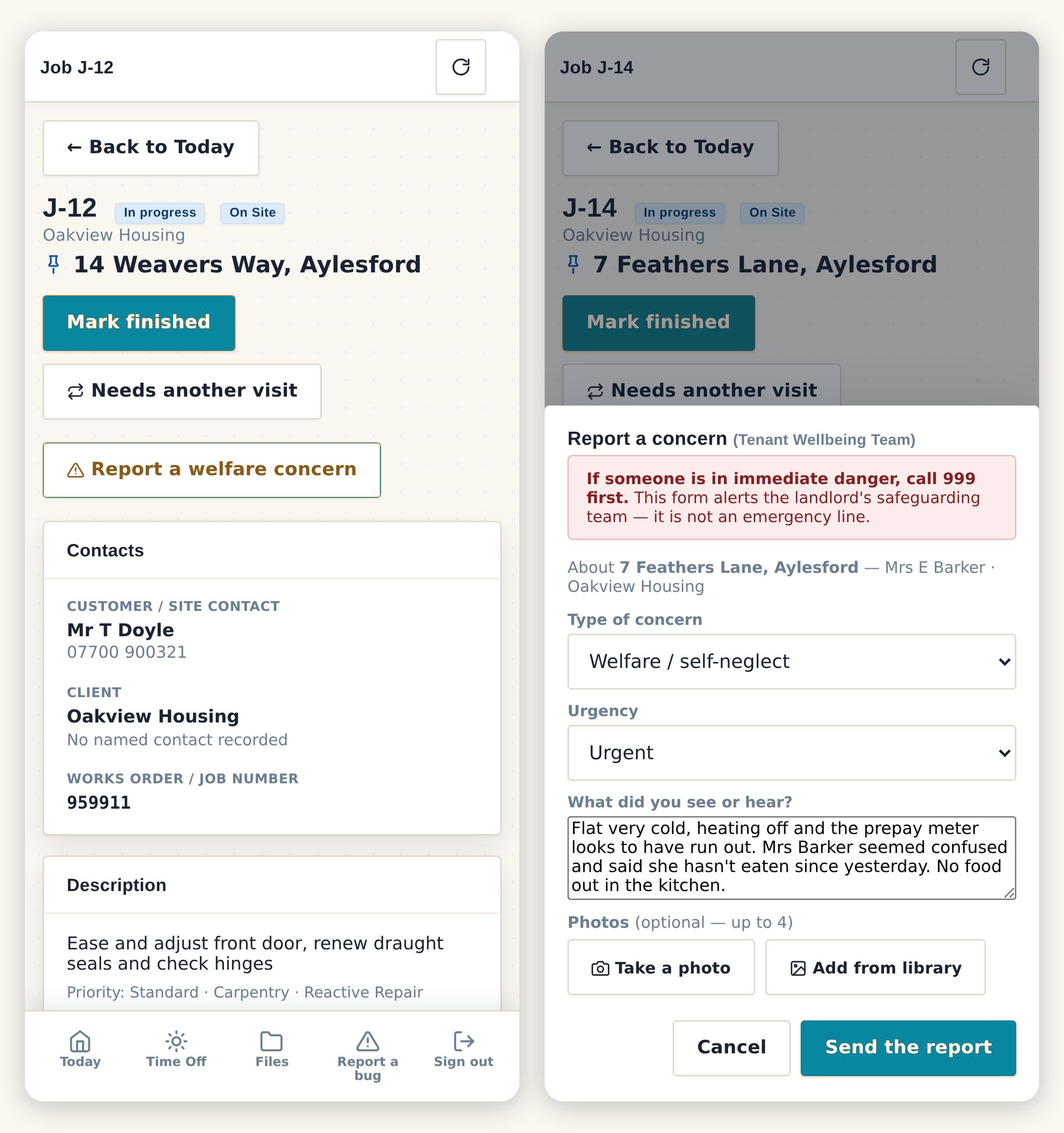 Reporting a welfare concern from the field app: the button on a job, and the confidential report form